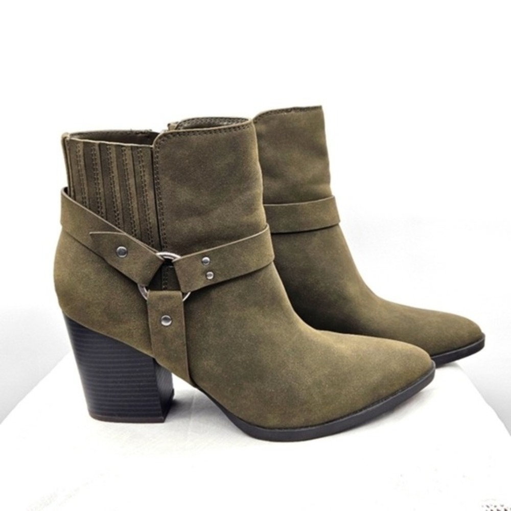Indigo Rd Adrina Olive Faux Suede Pointed Toe Heeled Ankle Boots Women